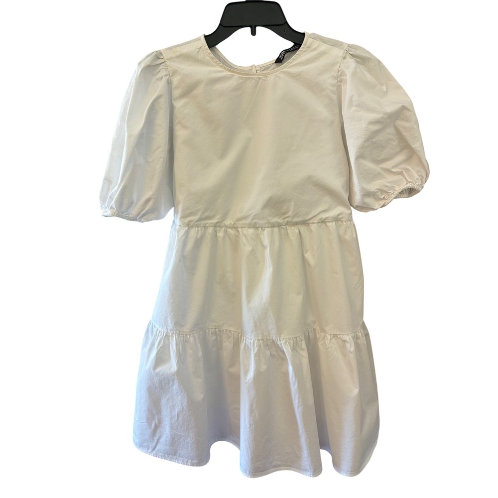 Zara Tiered Mini Dress Womens M White Excellent Open Back Puff Sleeve Poplin